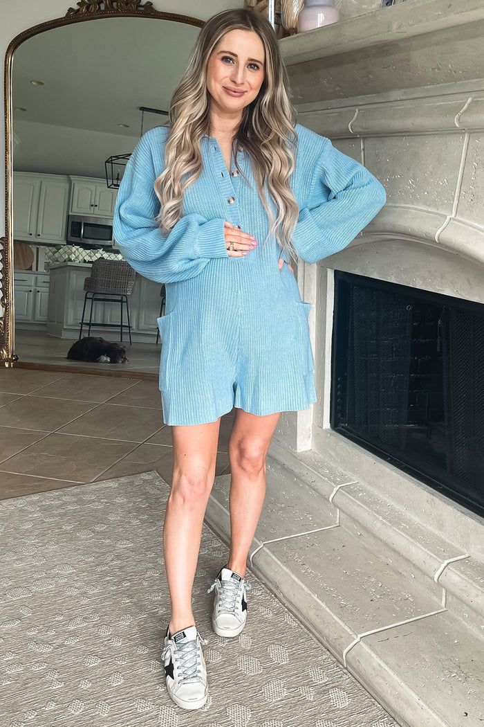 Light Blue Button Down Maternity Sweater Romper