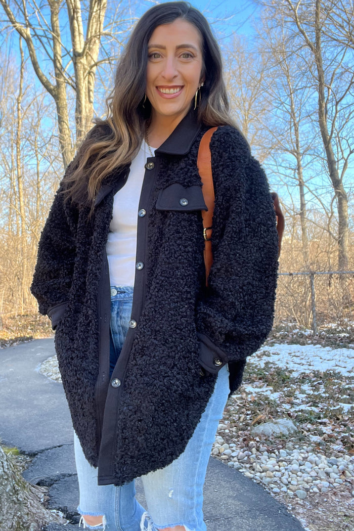 Black Contrast Oversized Sherpa Coat