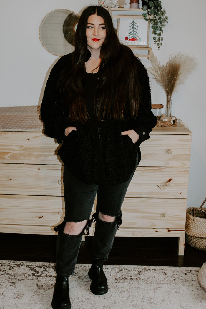 Black Contrast Oversized Sherpa Coat