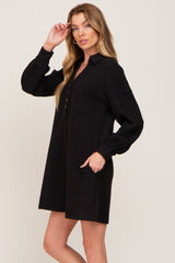 Black Waffle Knit Collared Long Sleeve Dress