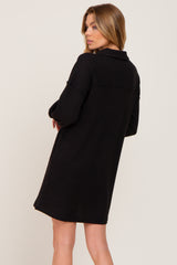 Black Waffle Knit Collared Long Sleeve Dress