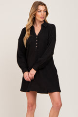 Black Waffle Knit Collared Long Sleeve Dress