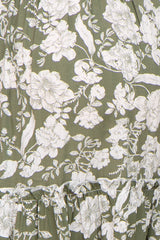 maternity wear in olive green with white floral print and ruffle detailing