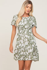 Light Olive Floral Smocked Ruffle Accent Maternity Dress