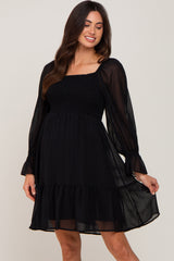 Black Metallic Stripe Smocked Maternity Dress