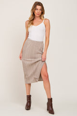 Taupe Soft Knit Ribbed Side Slit Maternity Midi Skirt