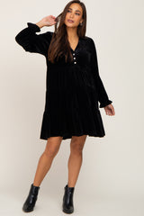 Black Velvet Long Sleeve Tiered Collared Maternity Dress