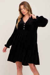 Black Velvet Long Sleeve Tiered Collared Maternity Dress