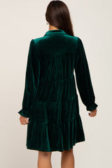 Green Velvet Long Sleeve Tiered Collared Maternity Dress