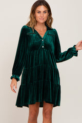 Green Velvet Long Sleeve Tiered Collared Maternity Dress