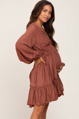 Rust V-Neck Cinched Maternity Dress