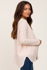 Beige Waffle Knit Button Down Maternity Top