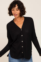 Black Waffle Knit Button Down Maternity Top