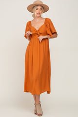 Rust Front Tie Ruffle Sleeve Midi Dress