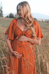 Rust Front Tie Ruffle Sleeve Maternity Midi Dress