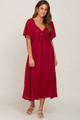 Burgundy Front Tie Ruffle Sleeve Maternity Midi Dress