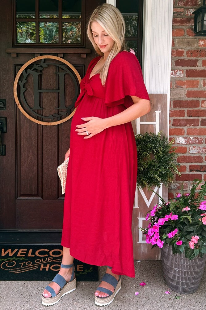 Burgundy Front Tie Ruffle Sleeve Maternity Midi Dress