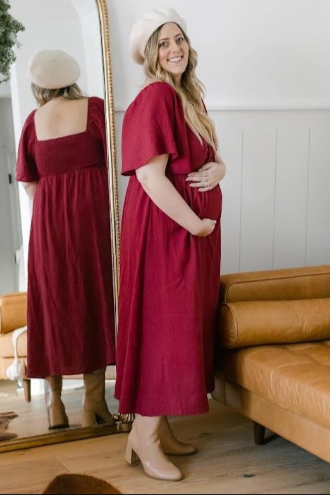 Burgundy Front Tie Ruffle Sleeve Maternity Midi Dress