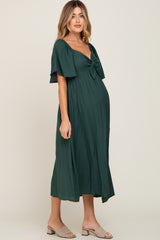 Hunter Green Front Tie Ruffle Sleeve Maternity Midi Dress