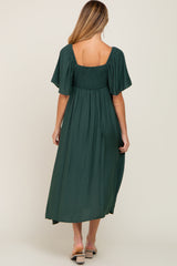 Hunter Green Front Tie Ruffle Sleeve Maternity Midi Dress