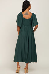 Hunter Green Front Tie Ruffle Sleeve Midi Dress