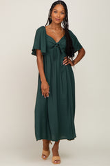 Hunter Green Front Tie Ruffle Sleeve Midi Dress