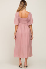 Mauve Front Tie Ruffle Sleeve Maternity Midi Dress