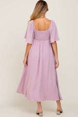 Pink Textured Dot Front Tie Ruffle Sleeve Maternity Midi Dress