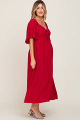 Burgundy Textured Dot Front Tie Ruffle Sleeve Maternity Midi Dress