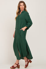 Forest Green Button Down 3/4 Sleeve Midi Dress