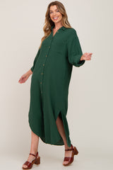 Forest Green Button Down 3/4 Sleeve Midi Dress