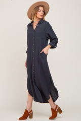 Charcoal Button Down 3/4 Sleeve Midi Dress