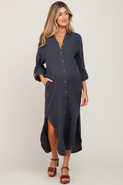 Charcoal Button Down 3/4 Sleeve Maternity Midi Dress