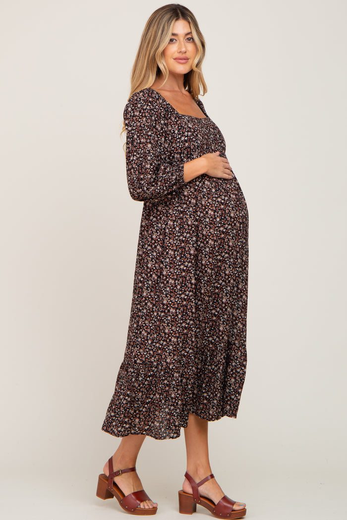 Black Floral 3/4 Sleeve Maternity Midi Dress
