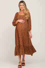 Camel Floral 3/4 Sleeve Maternity Midi Dress