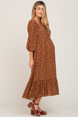 Camel Floral 3/4 Sleeve Maternity Midi Dress