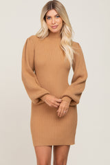 Camel Mock Neck Puff Sleeve Maternity Sweater Dress