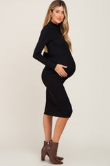 Black Ribbed Fitted Mock Neck Long Sleeve Maternity Dress