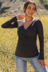 Charcoal Ribbed Long Sleeve Wrap Maternity Nursing Top