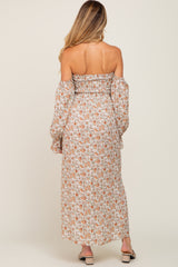 Taupe Floral Off Shoulder Long Sleeve Maternity Maxi Dress