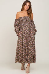 Black Floral Off Shoulder Long Sleeve Maternity Maxi Dress