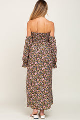 Black Floral Off Shoulder Long Sleeve Maternity Maxi Dress