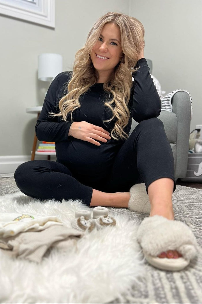 Black Ribbed Long Sleeve Maternity Pajama Pants Set