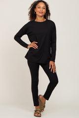 Black Ribbed Long Sleeve Maternity Pajama Pants Set