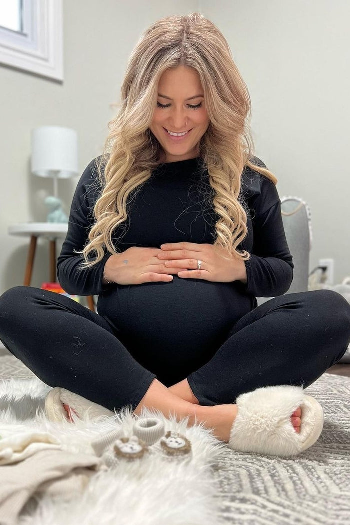 Black Ribbed Long Sleeve Maternity Pajama Pants Set