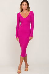 Fuchsia Knit Ribbed Maternity Midi Dress