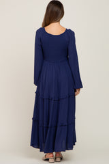 Navy Blue Smocked Tiered Maternity Midi Dress