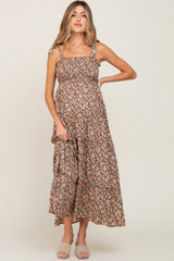 Camel Floral Sleeveless Tiered Maternity Maxi Dress