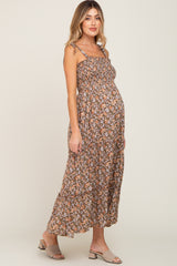 Camel Floral Sleeveless Tiered Maternity Maxi Dress