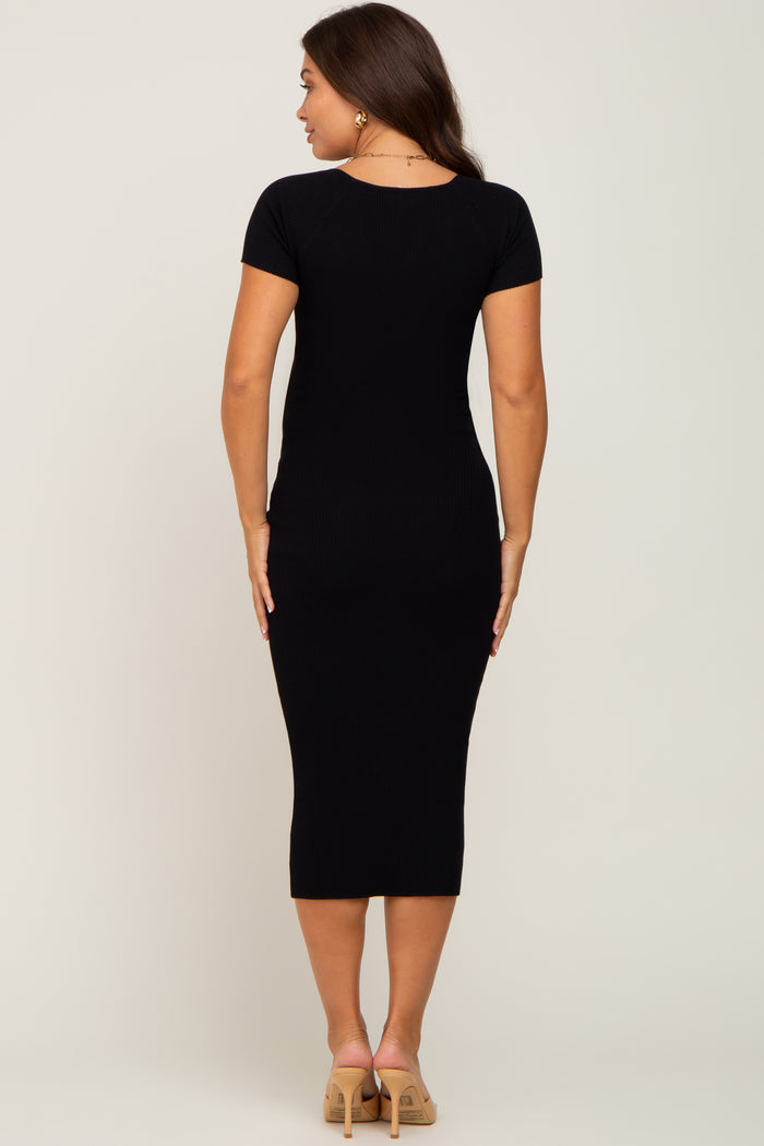 Black Ribbed Maternity Midi Dress